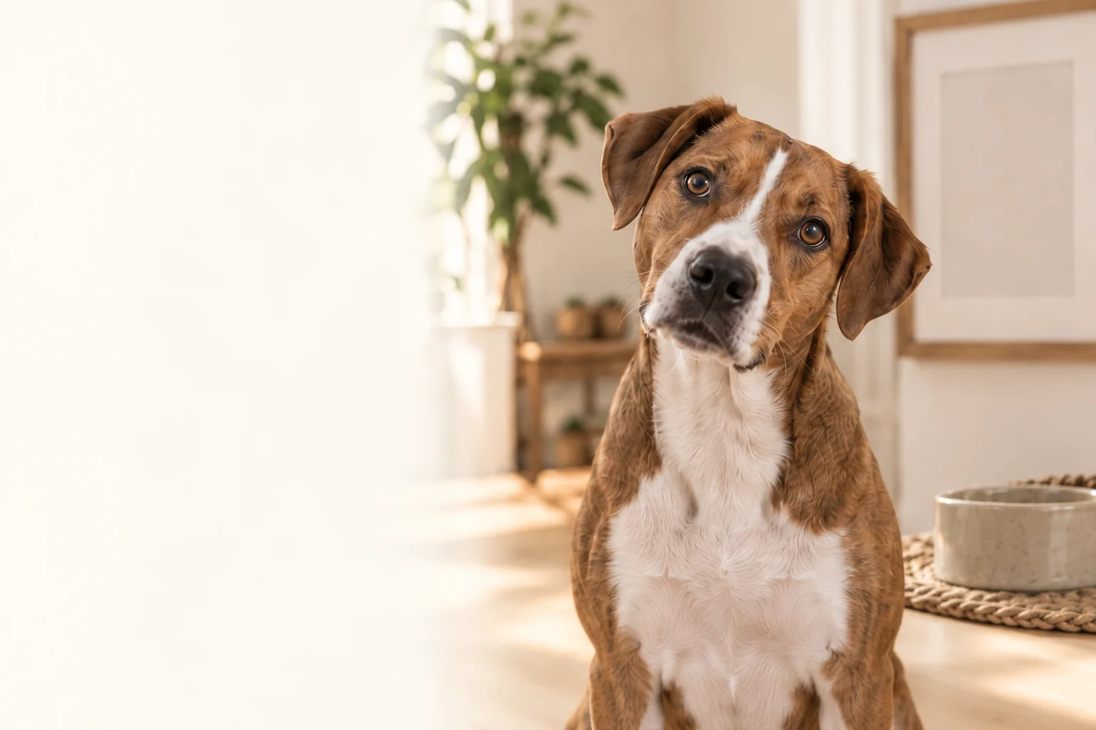 A curious brown-and-white dog tilting its head in a warm kitchen