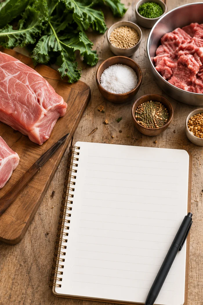 Illustrative ingredient planning scene with a notebook; not a meal recipe
