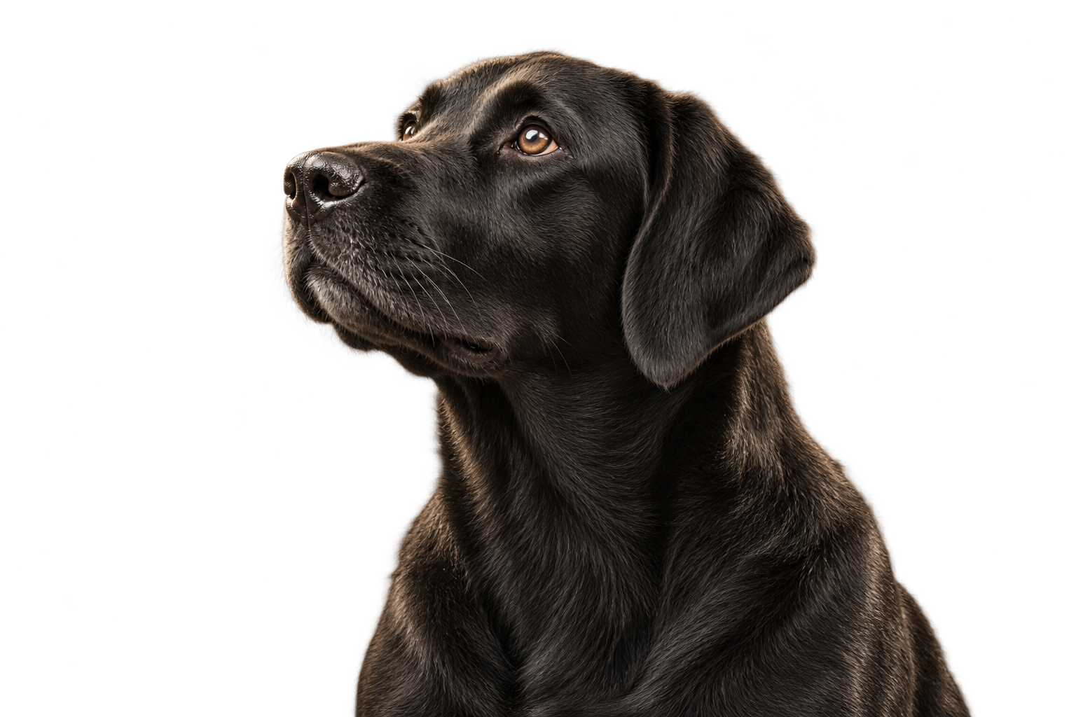 Short-coated black dog looking upward to the left in warm side light