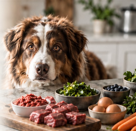 A brown-and-white dog beside raw meal ingredients